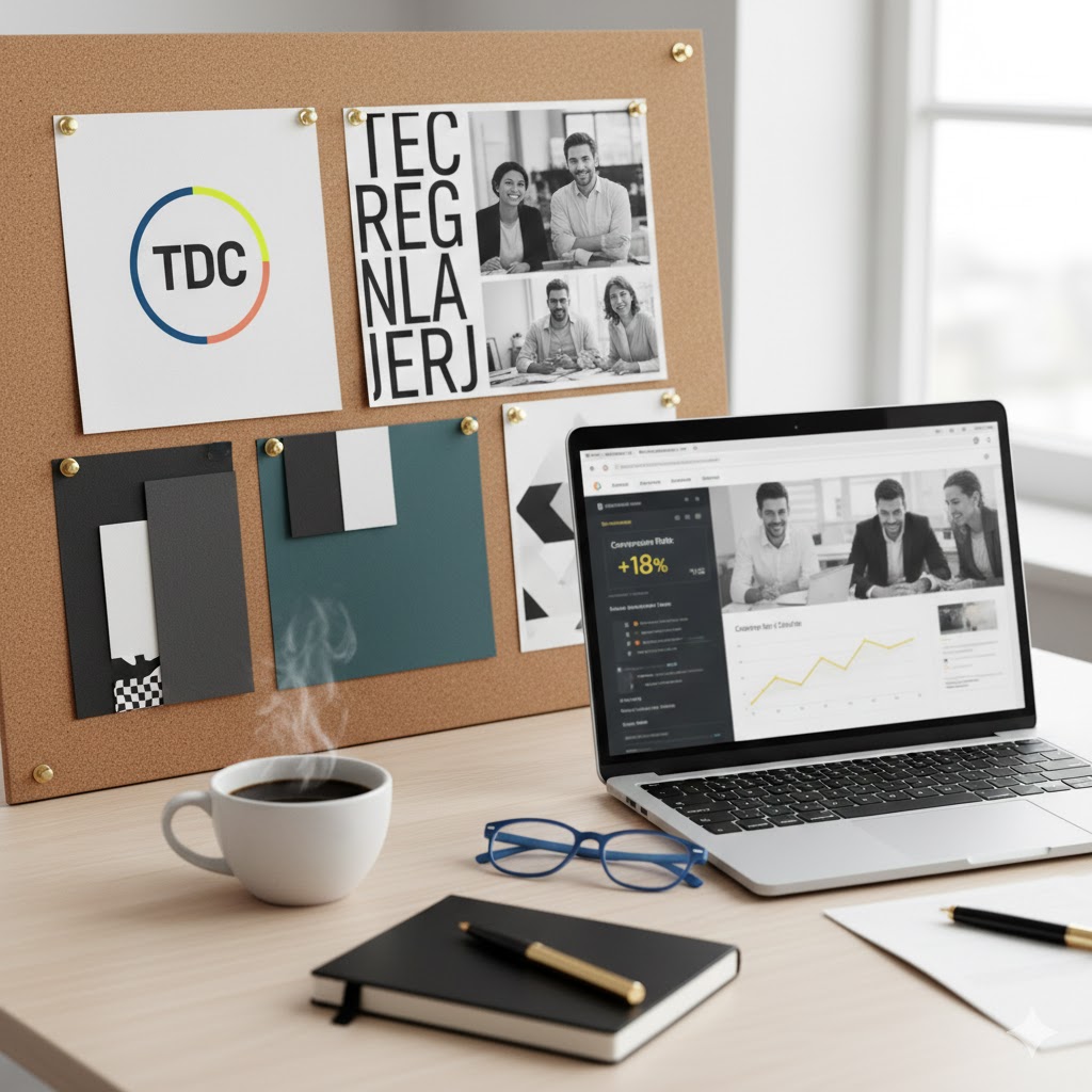 A high-end design agency mood board and sleek laptop on a desk showing a conversion rate growth chart and branding strategy for a UK business.