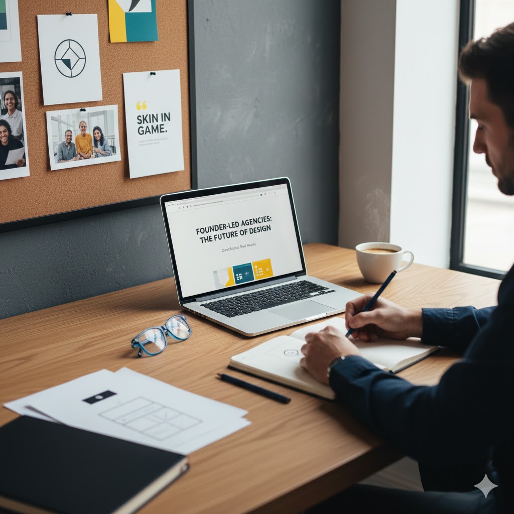 A founder-led design agency workspace in the UK featuring a designer sketching a brand strategy in a notebook next to a laptop displaying a 'Future of Design' presentation.